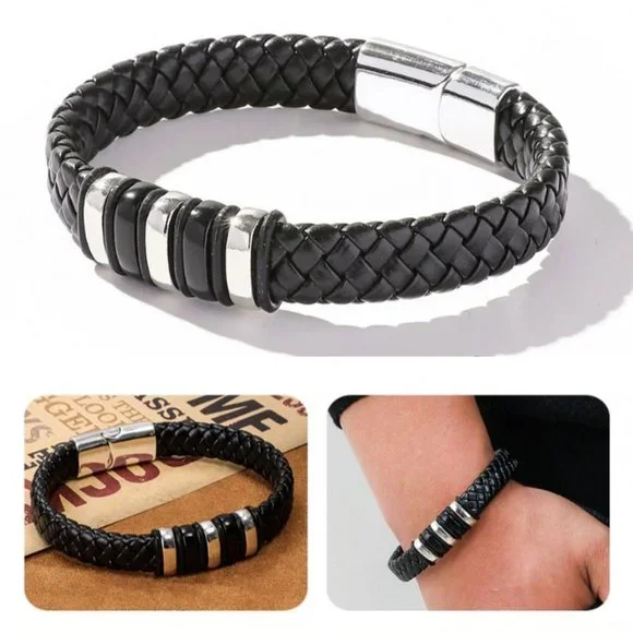 Mens Zaiden Silver Elevate Embellished Weaved Metal Leather Bracelet Black - Picture 2 of 8